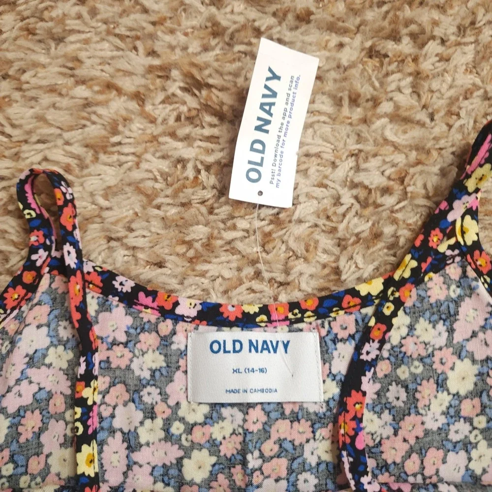 Old Navy Floral Swing Dress Girls XL 14-16 Navy Pink Ruffle Tiered Sleeveless
